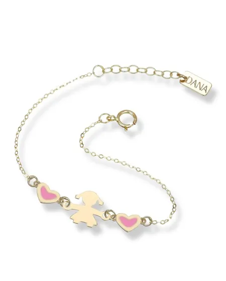 Bracelet Dana Baby en or jaune avec bébé fille et cœurs émaillés
