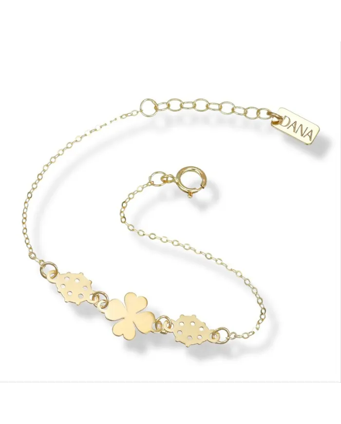 Bracciale Dana Baby in Oro Giallo con Quadrifoglio e Coccinelle