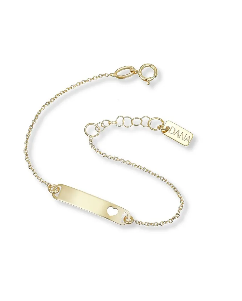 Bracciale Dana Baby in Oro Giallo con Targa e Cuore Traforato