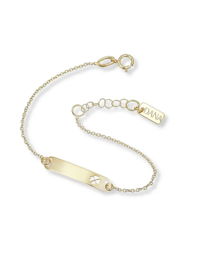 Bracelet Dana Baby en or jaune avec plaque et trèfle à quatre feuilles perforé