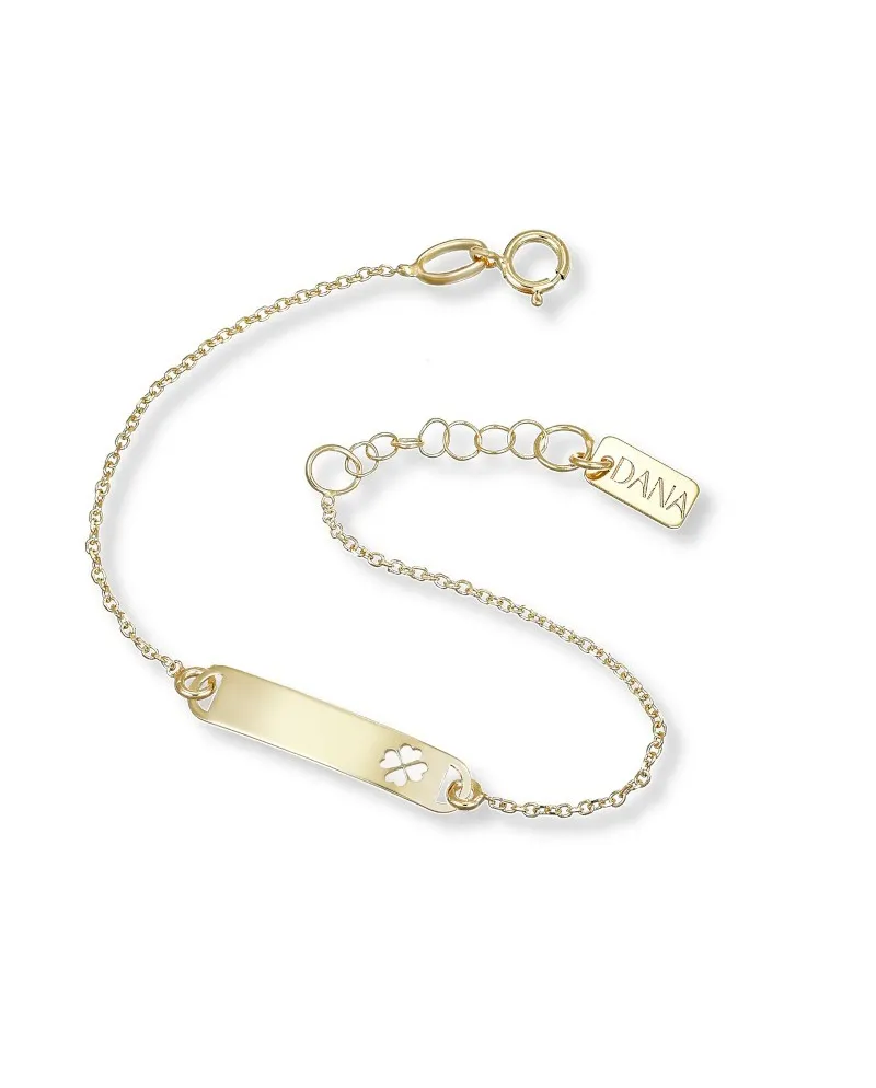 Bracciale Dana Baby in Oro Giallo con Targa e Quadrifoglio Traforato