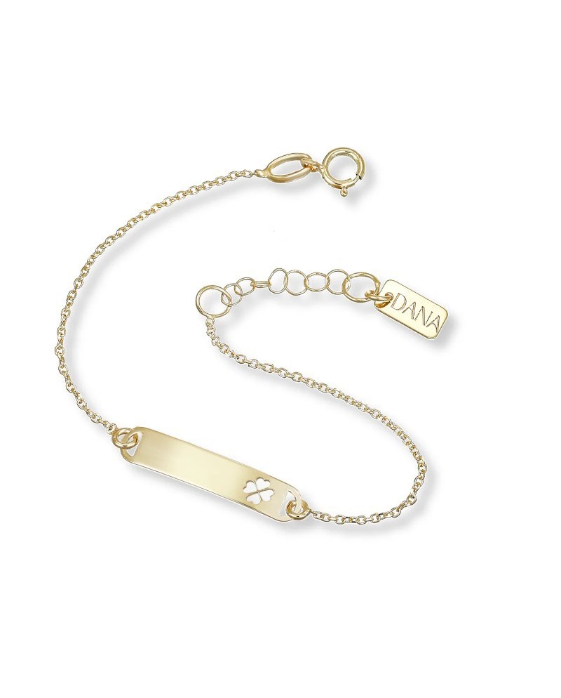 Bracelet Dana Baby en or jaune avec plaque et trèfle à quatre feuilles perforé