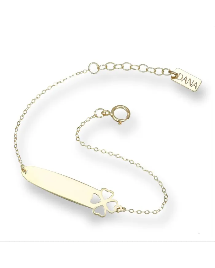 Bracciale Dana Baby in Oro Giallo con Targa e Quadrifoglio Traforato
