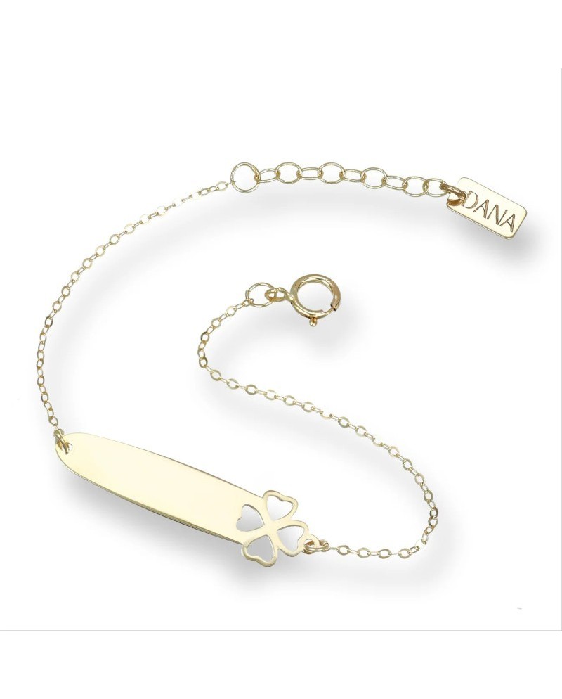 Bracciale Dana Baby in Oro Giallo con Targa e Quadrifoglio Traforato