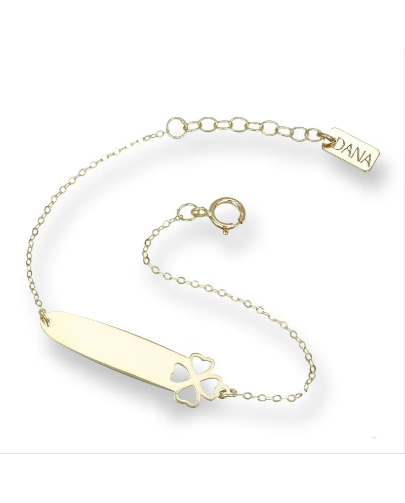 Bracciale Dana Baby in Oro Giallo con Targa e Quadrifoglio Traforato