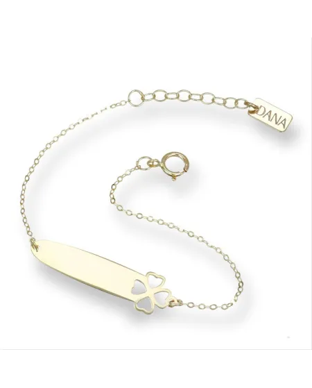 Bracciale Dana Baby in Oro Giallo con Targa e Quadrifoglio Traforato