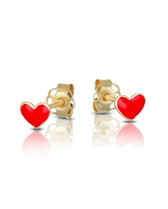 Dana Yellow Gold Stud Earrings with Enamelled Heart