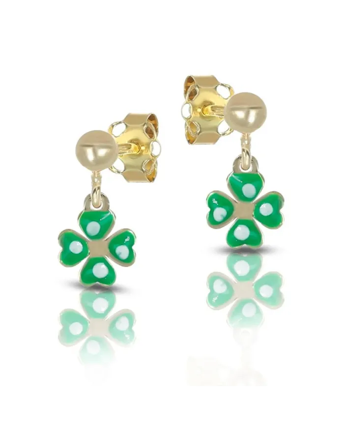 Dana Yellow Gold Drop Earrings with Enamelled Four-Leaf Clover