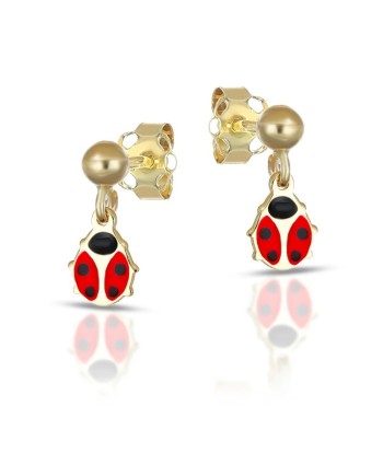 Boucles d'oreilles pendantes Dana en or jaune avec coccinelle émaillée