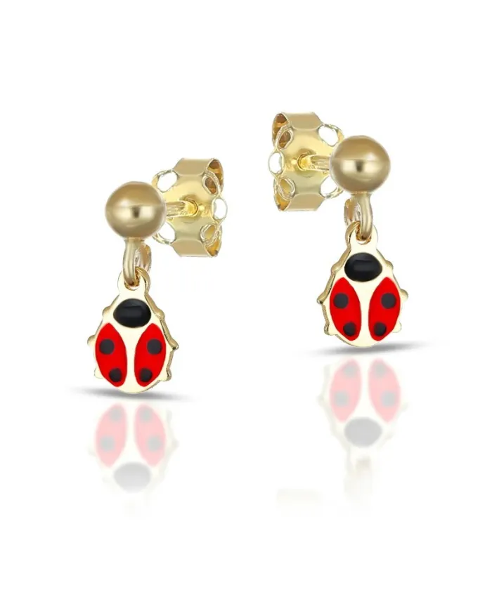 Dana Yellow Gold Drop Earrings with Enamelled Ladybug