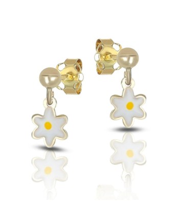 Boucles d'oreilles pendantes Dana en or jaune avec marguerite émaillée