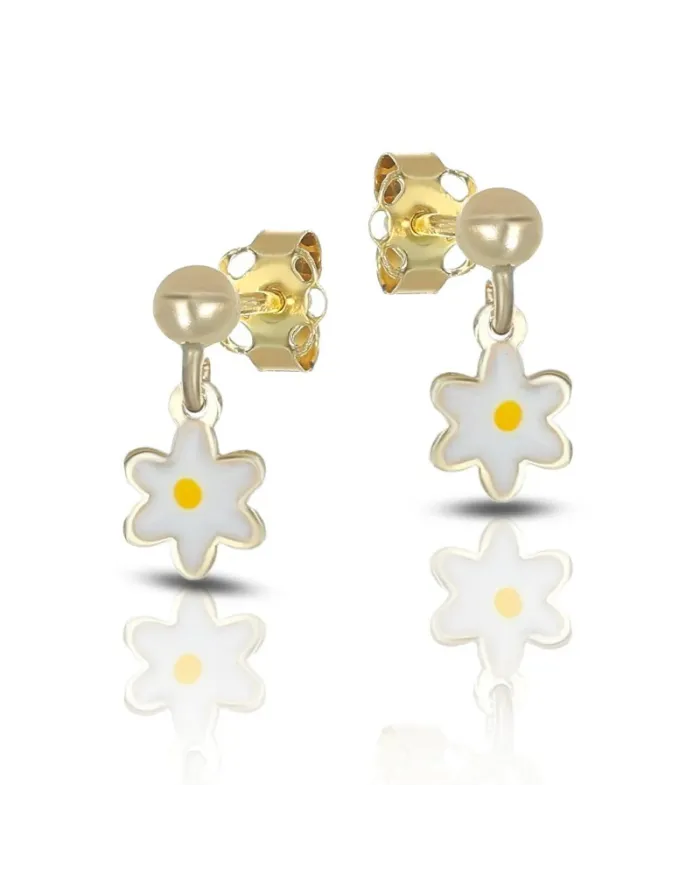 Dana Yellow Gold Drop Earrings with Enamelled Daisy