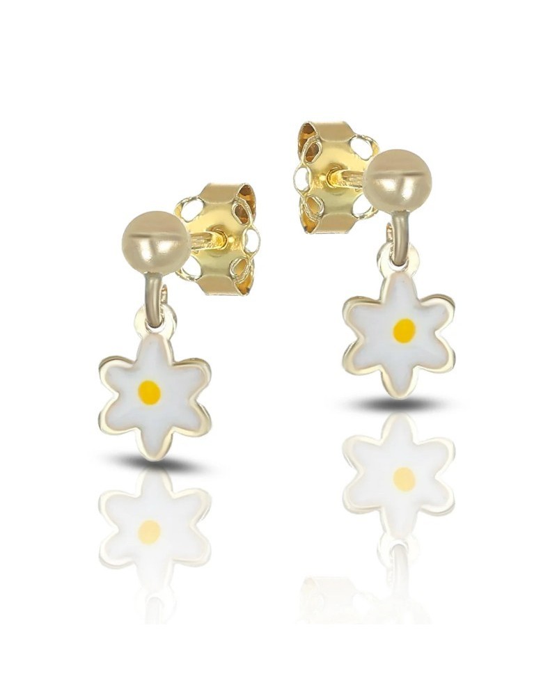 Boucles d'oreilles pendantes Dana en or jaune avec marguerite émaillée