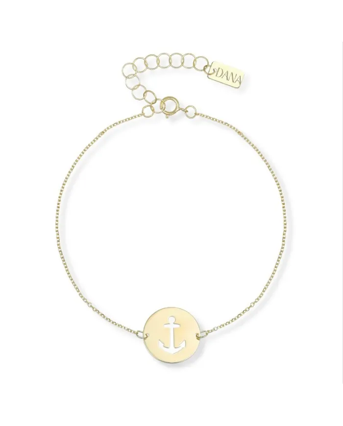 Bracciale Dana Nautilus in Oro Giallo con Ancora Traforata su Piastra Tonda