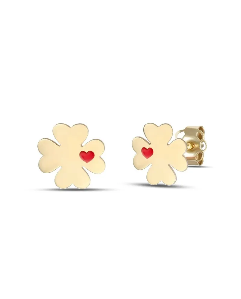 Dana Yellow Gold Stud Earrings with Four-Leaf Clover and Enamelled Heart Dana Yellow Gold Stud Earrings with Four-Leaf Clover and Enamelled Heart