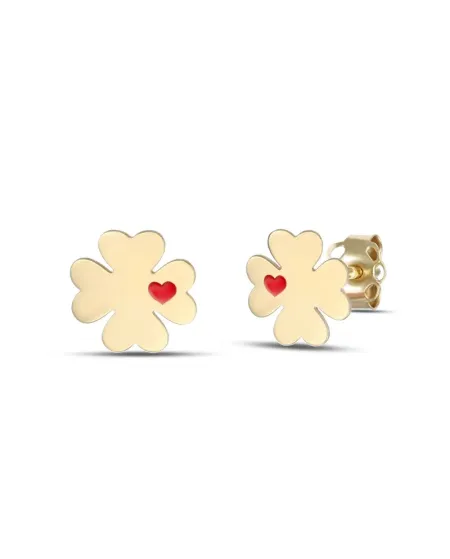 Dana Yellow Gold Stud Earrings with Four-Leaf Clover and Enamelled Heart