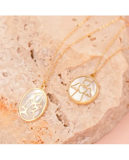 Dana Custos Animae Necklace in Yellow Gold and Mother of Pearl with Angel