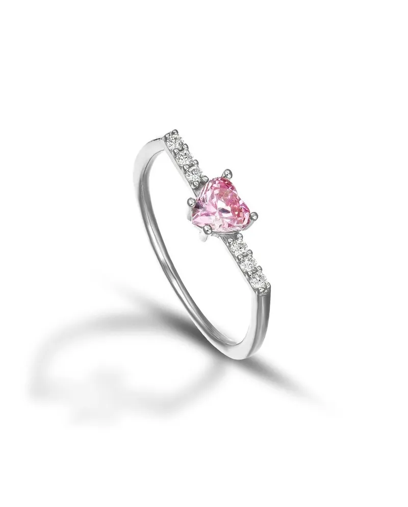 Dana Sparkling Stick Ring in White Gold with Pink Heart