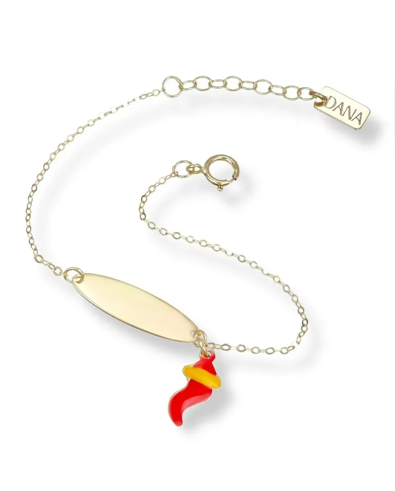 Bracciale Dana Baby in Oro Giallo con Targa e Corno Portafortuna