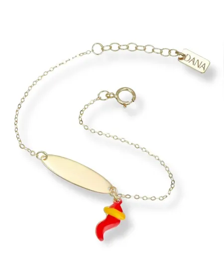 Bracciale Dana Baby in Oro Giallo con Targa e Corno Portafortuna