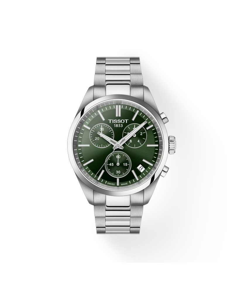 Tissot PR 100 Chronograph Watch with Green Dial and Steel Bracelet