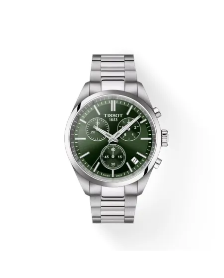 Montre chronographe Tissot PR 100 avec cadran vert et bracelet en acier