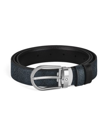 Ceinture Montblanc en cuir réversible tweed bleu/noir avec boucle fer à cheval 30 mm