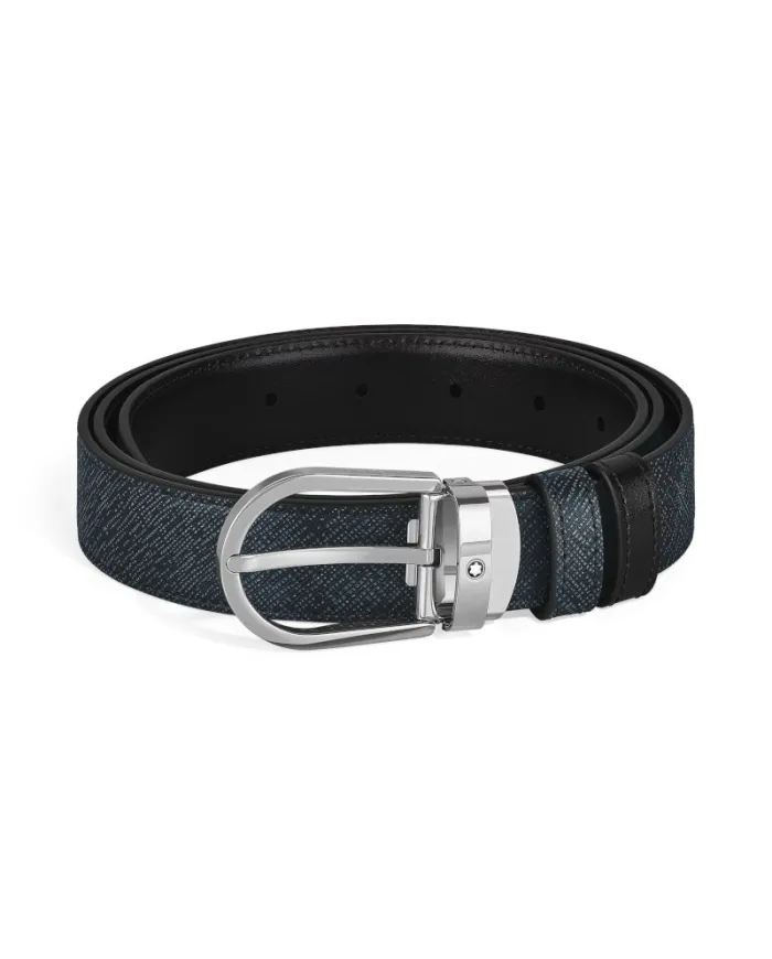 Montblanc Tweed Blue/Black Reversible Leather Belt with Horseshoe Buckle 30 mm