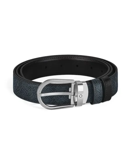 Cintura Montblanc in Pelle Reversibile Tweed Blue/Nero con Fibbia a Ferro di Cavallo 30 mm