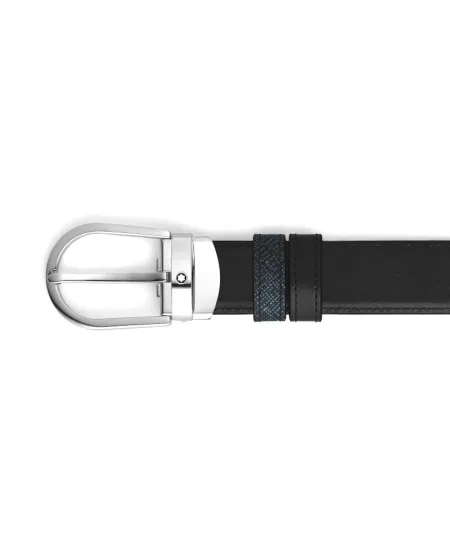 Cintura Montblanc in Pelle Reversibile Tweed Blue/Nero con Fibbia a Ferro di Cavallo 30 mm