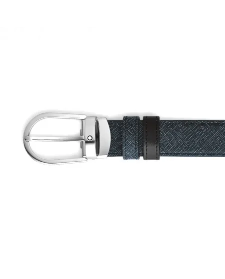 Ceinture Montblanc en cuir réversible tweed bleu/noir avec boucle fer à cheval 30 mm