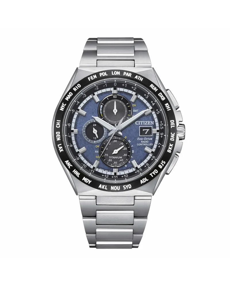 Citizen AT8 Radio Controlled Eco Drive Chronograph with Blue Dial in Super Titanium