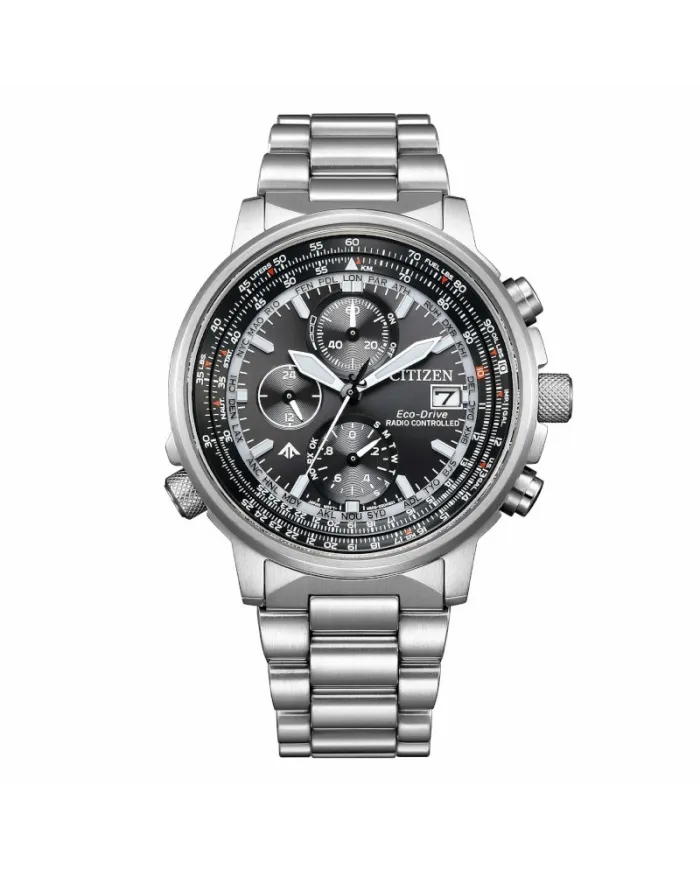 Citizen Pilot Radio Controlled Eco Drive Chronograph Black Dial Steel