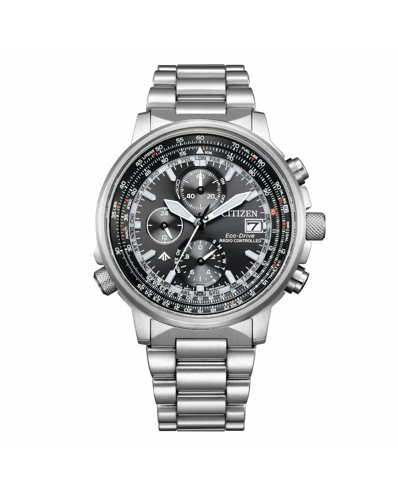 Montre Citizen Pilot Eco-Drive Chronographe Radiopilotée Cadran Noir Acier