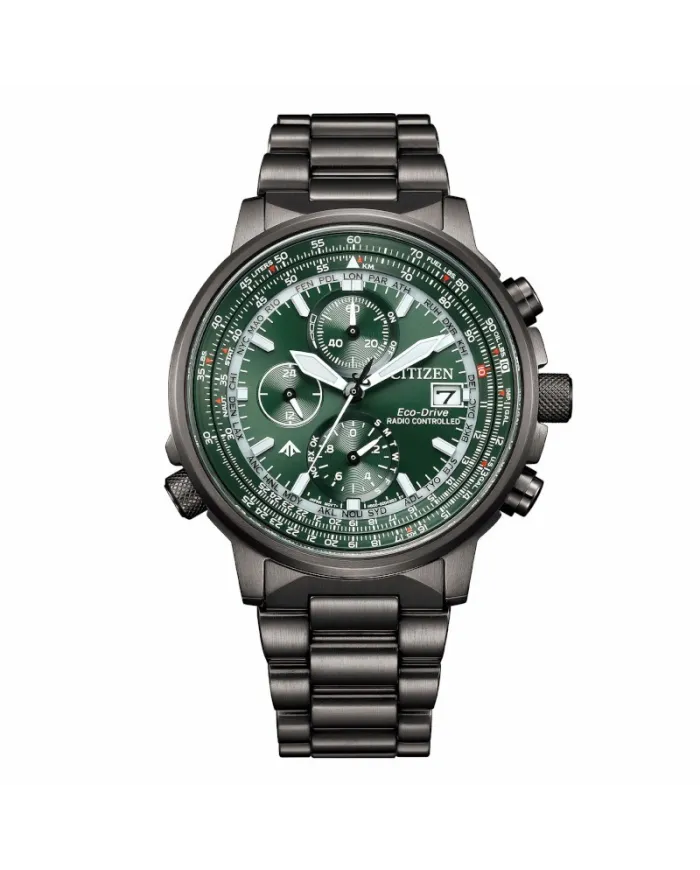 Citizen Pilot Radio Controlled Eco Drive Chronograph Green Dial PVD Steel