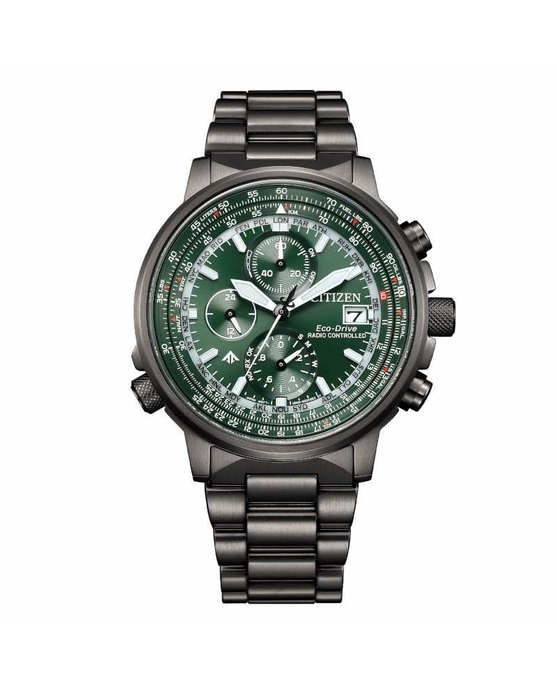 Montre Citizen Pilot Eco-Drive Chronographe Radiopilotée Cadran Vert Acier PVD
