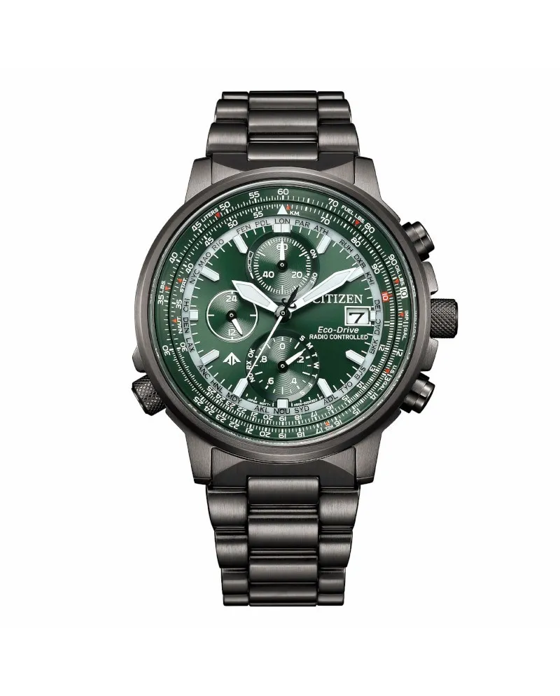 Montre Citizen Pilot Eco-Drive Chronographe Radiopilotée Cadran Vert Acier PVD