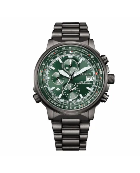 Cronografo Citizen Pilot Radiocontrollato Eco Drive Quadrante Verde in Acciaio PVD