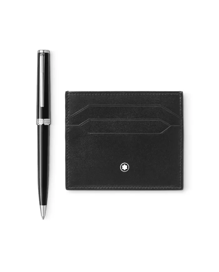 Montblanc Pix Ballpoint Pen and Meisterstück Black Leather Card Holder Set with 6 Compartments