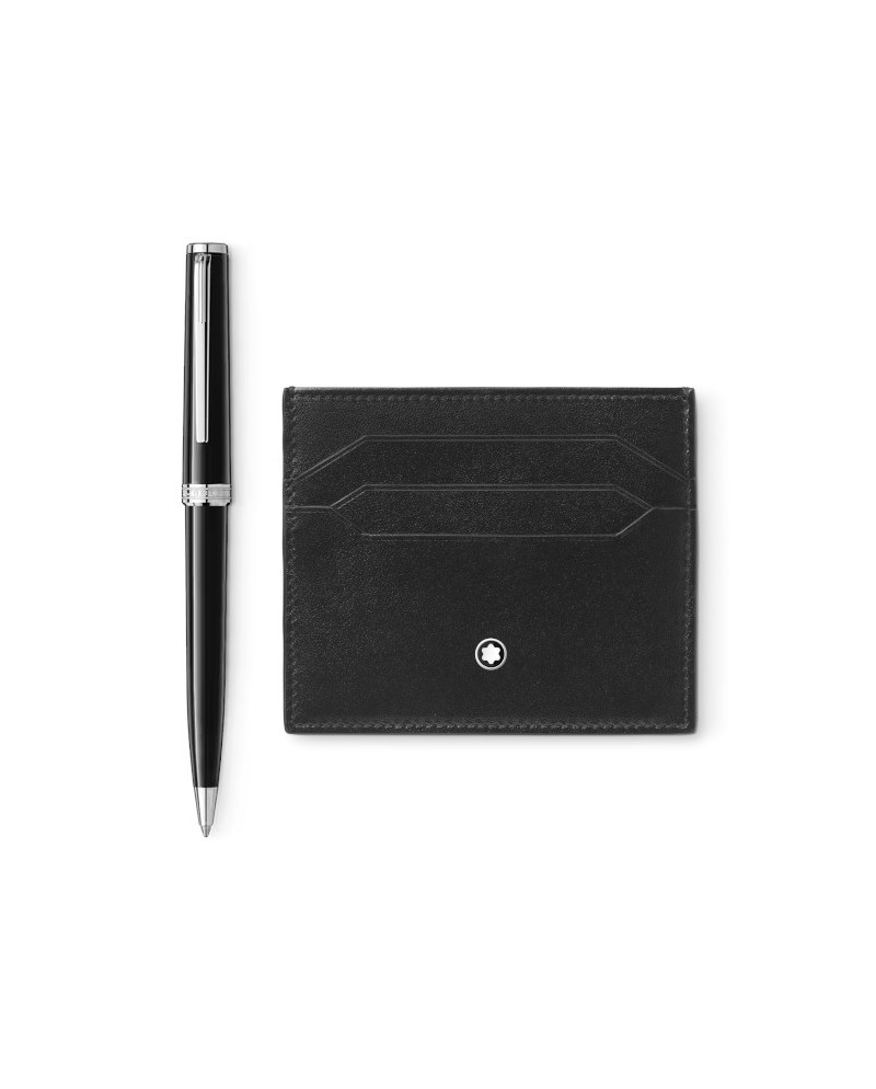 Montblanc Pix Ballpoint Pen and Meisterstück Black Leather Card Holder Set with 6 Compartments
