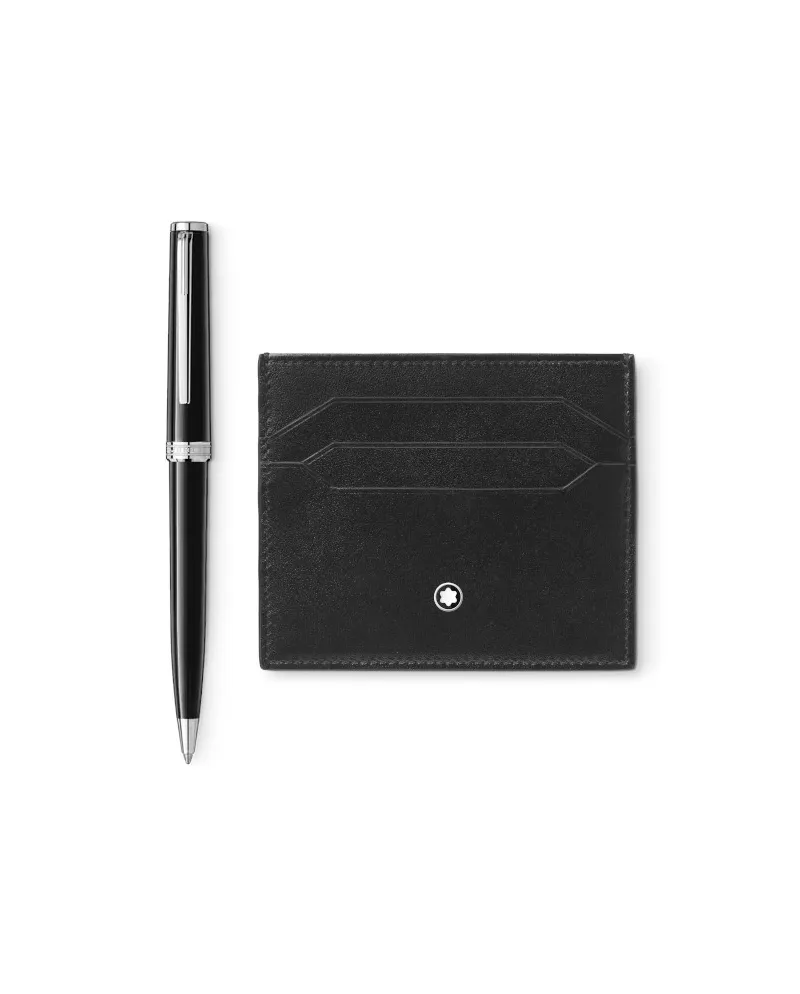 Set Montblanc Penna Sfera Pix e Porta Carte in Pelle Nera Meisterstück a 6 Scomparti