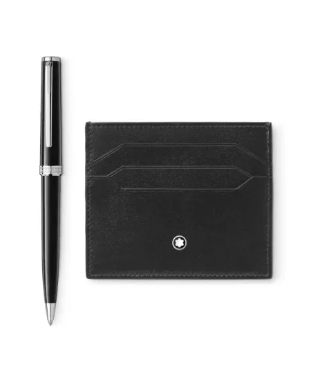 Montblanc Pix Ballpoint Pen and Meisterstück Black Leather Card Holder Set with 6 Compartments