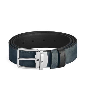 Ceinture Montblanc en cuir réversible tweed bleu/noir avec boucle fer à cheval 30 mm