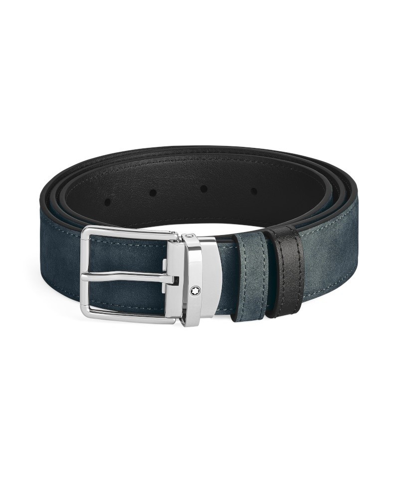 Ceinture Montblanc en cuir réversible tweed bleu/noir avec boucle fer à cheval 30 mm