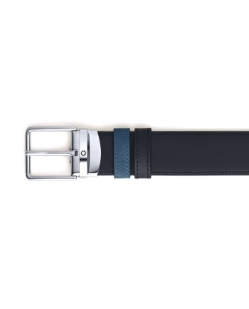 Ceinture Montblanc en cuir réversible tweed bleu/noir avec boucle fer à cheval 30 mm