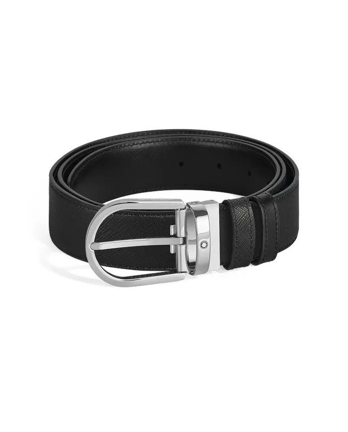 Cintura Montblanc in Pelle Reversibile Nero/Nero con Fibbia a Ferro di Cavallo 35 mm