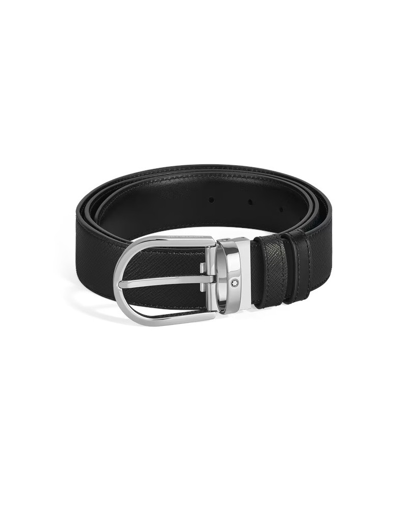 Cintura Montblanc in Pelle Reversibile Nero/Nero con Fibbia a Ferro di Cavallo 35 mm