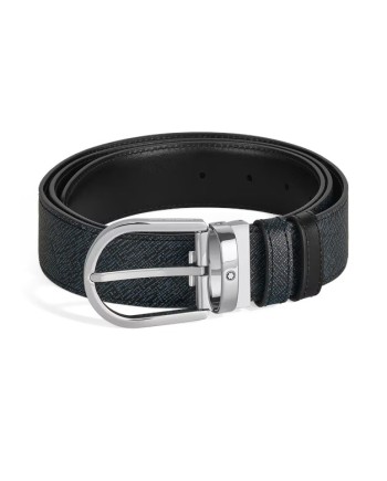 Ceinture Montblanc en cuir réversible tweed bleu/noir avec boucle fer à cheval 30 mm