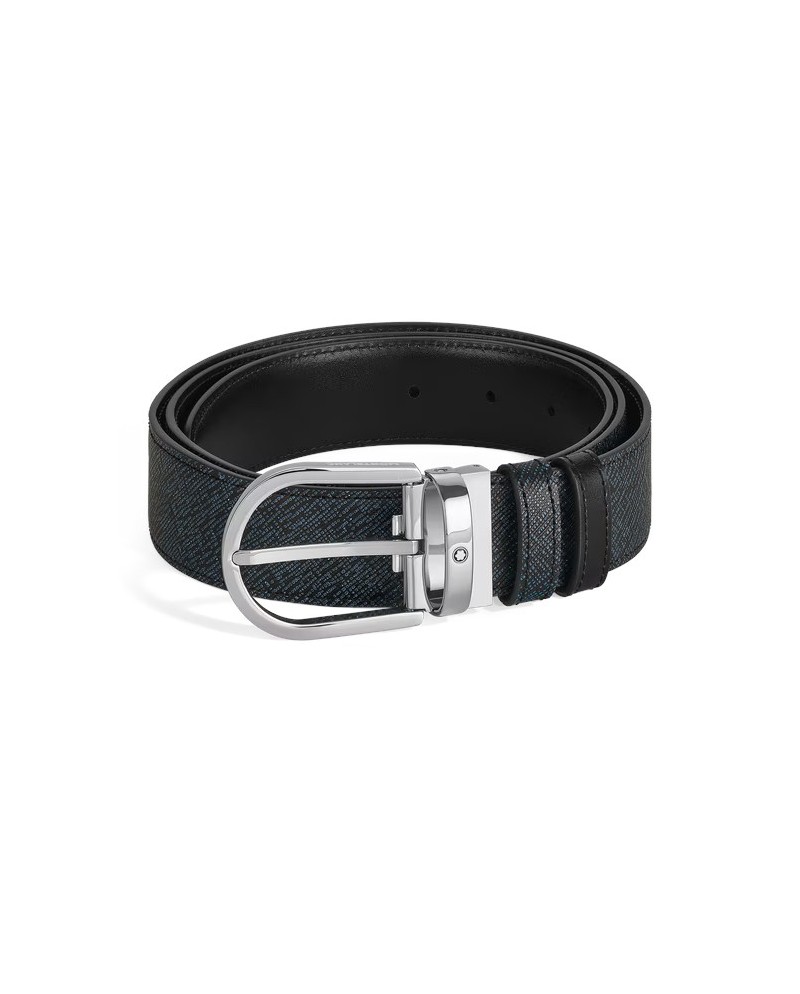 Ceinture réversible en cuir Montblanc Tweed bleu/noir avec boucle en fer à cheval 35 mm