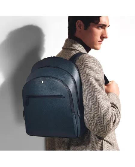 Zaino Medio Montblanc Sartorial 3 Scomparti in Pelle Tweed Blu